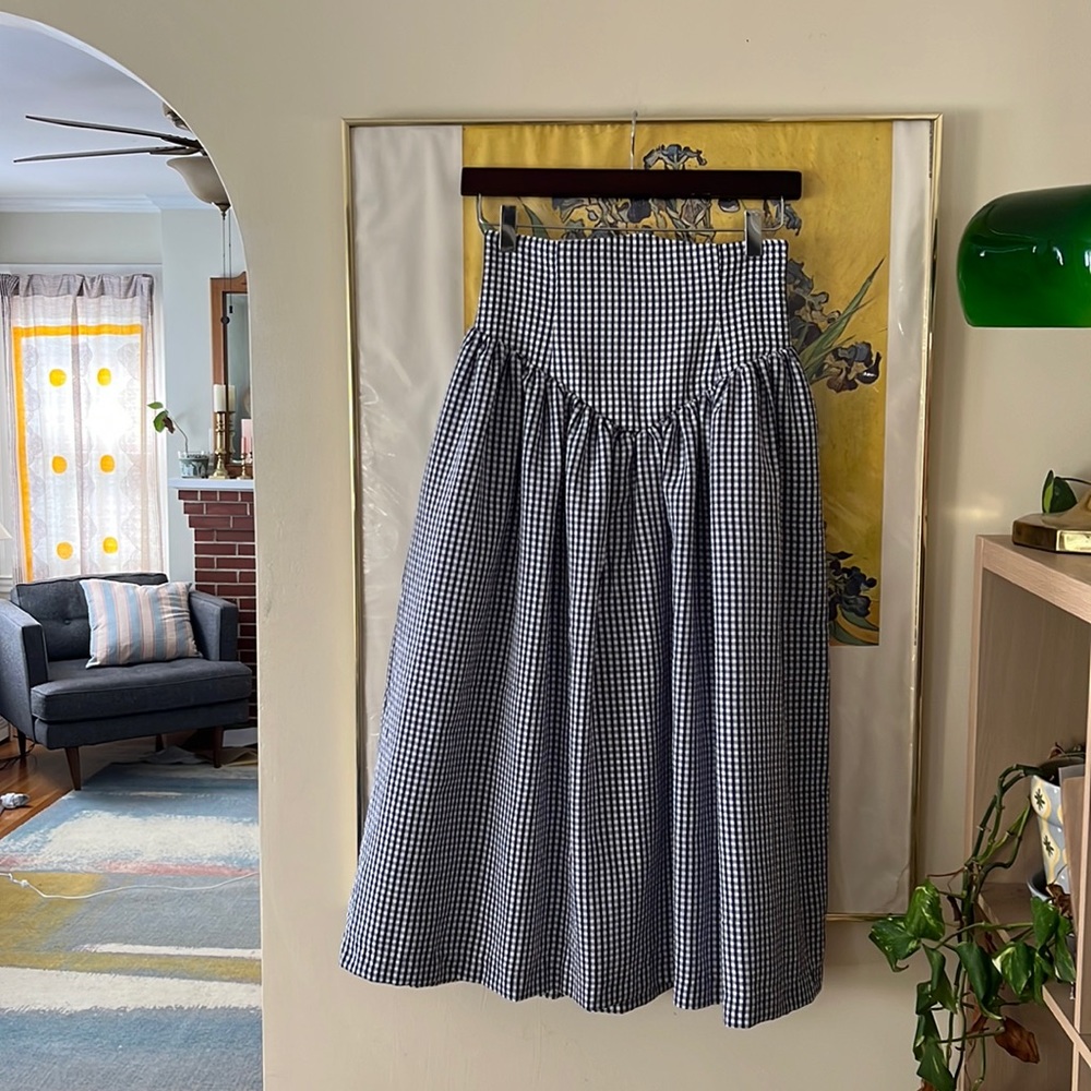 Hutch Anthropologie high waisted gingham midi skirt picnic xs petite